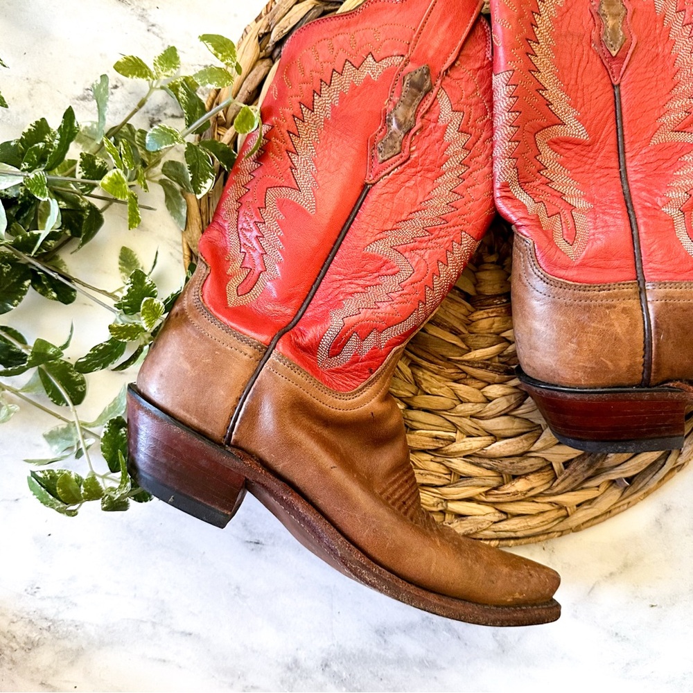 Lucchese 1883 Vintage Womens Laurel Tan & Red Scalloped Cowboy Boots - Picture 3 of 11